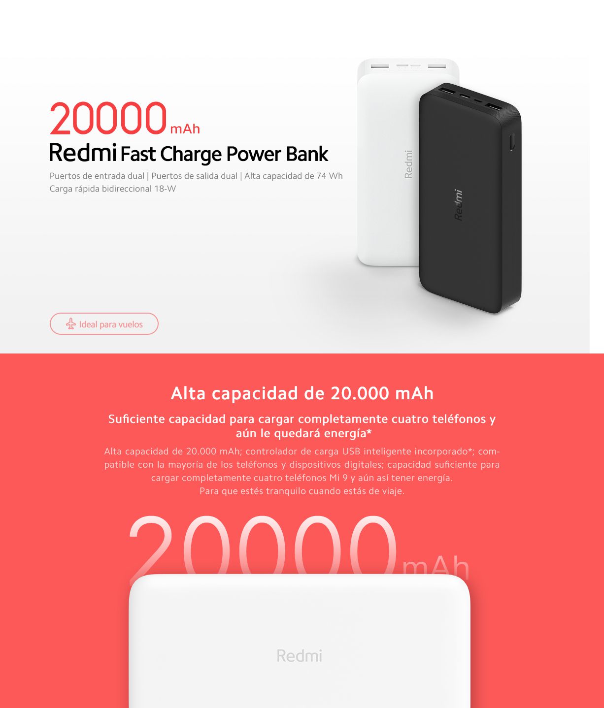 Xiaomi Batería Portátil Redmi De 20.000Mah Carga Rápida 18W, 74Wh, 3.6A,  Negro –