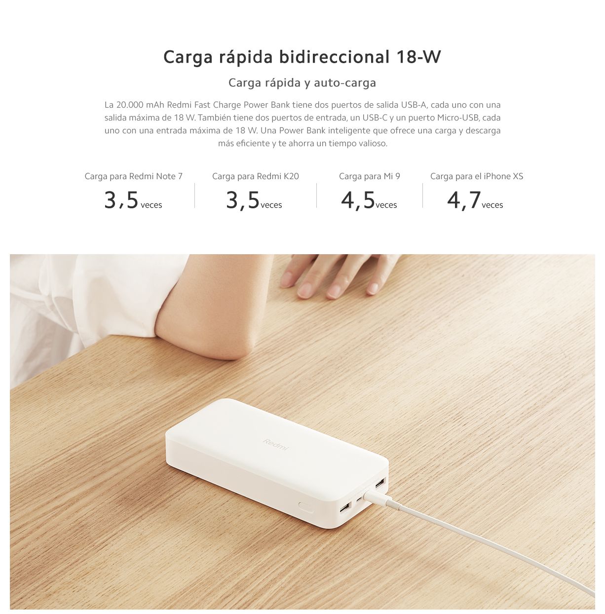  Xiaomi Banco de energía Redmi de 20000 mAh, carga rápida, carga  rápida bidireccional de 18 W, puertos de entrada y salida duales, alta  capacidad de 74 Wh, batería externa compatible con