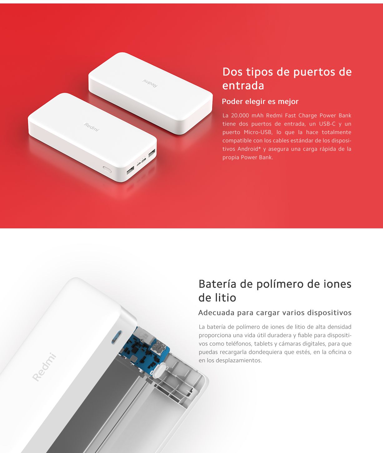  Xiaomi Banco de energía Redmi de 20000 mAh, carga rápida, carga  rápida bidireccional de 18 W, puertos de entrada y salida duales, alta  capacidad de 74 Wh, batería externa compatible con