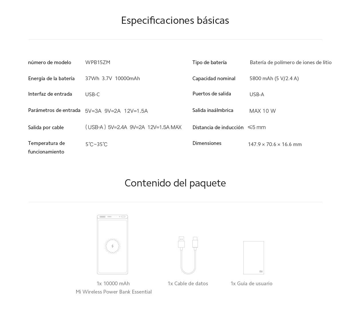 Batería Externa PowerBank 18W Xiaomi 10000mAh Mi Wireless Power Bank  Essential White (Blanco) VXN4294GL