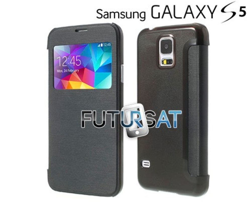 Funda Samsung Galaxy S5 I9600 G900 Piel Tapa Libro Ventana Negra