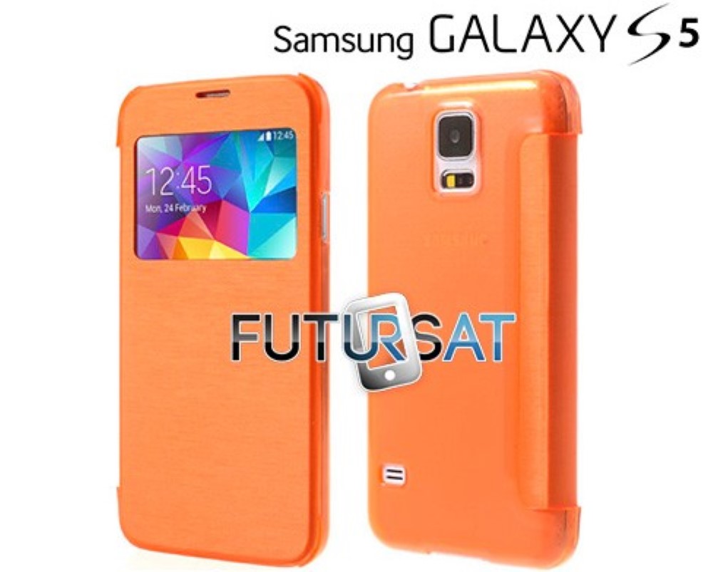 Funda Samsung Galaxy S5 I9600 G900 Piel Tapa Libro Ventana Naranja