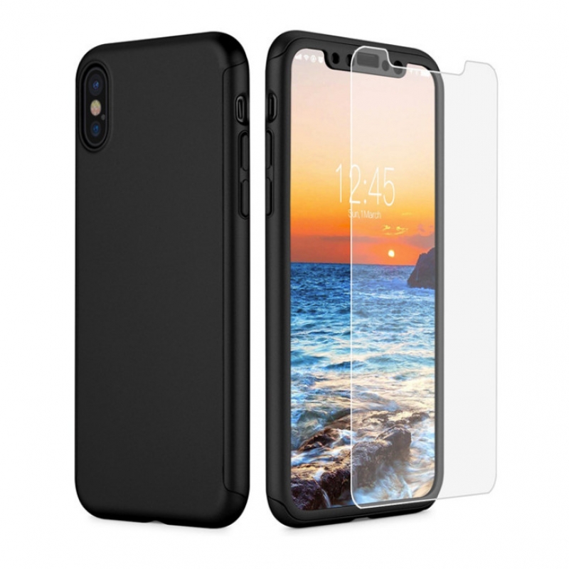 Pack set 2 en 1 Funda 360 iPhone X / XS negra y protector de cristal templado
