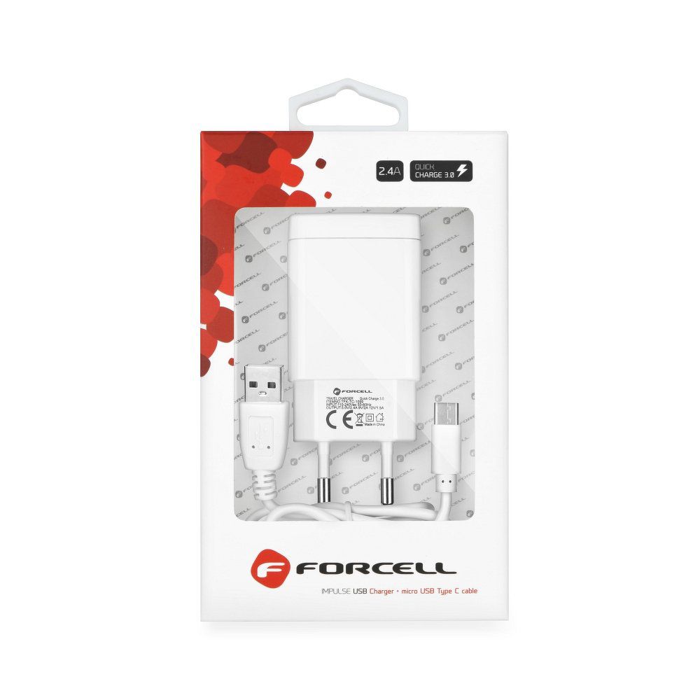 Cargador completo adaptador de red y cable tipo C 2,4A Quick Charge FORCELL