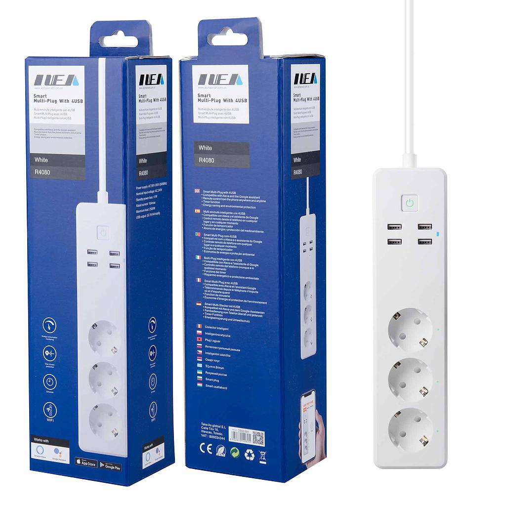 Regleta Inteligente BL WIFI con 3 tomas y 4 USB, Cable 1,8m 16A, Blanco R4080