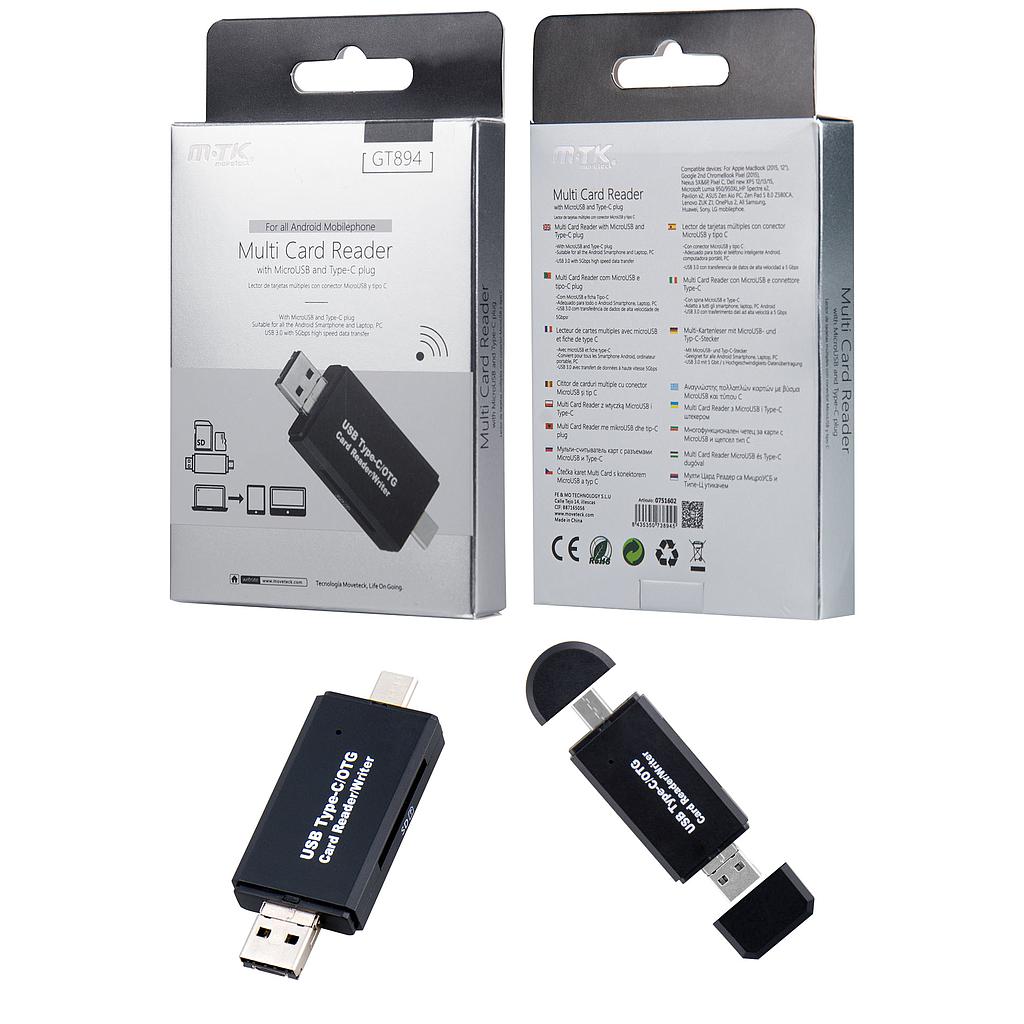 Adaptador lector de tarjetas multiples con conector micro usb y tipo c USB3.0