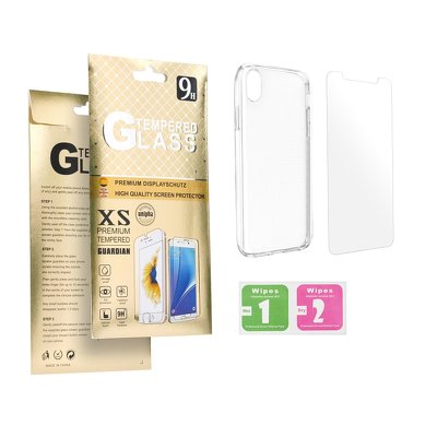 Pack set 2 en 1 Funda iPhone XS Max gel clear transparene y protector de cristal templado