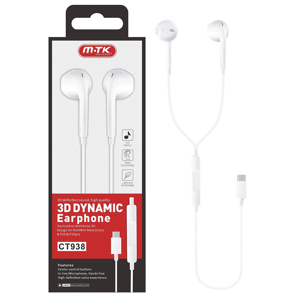 Auriculares ANTURIO con Microfono de cable Tipo C 1.2M Blanco CT938