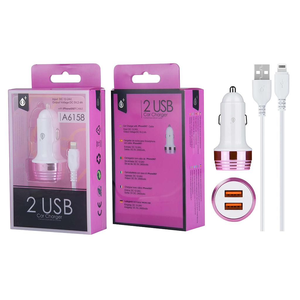 Cargador mechero coche Nebula con Cable Iphone 5/6/7/8/X/11, 2USB 2,4A Blanco y Rosa A6158 