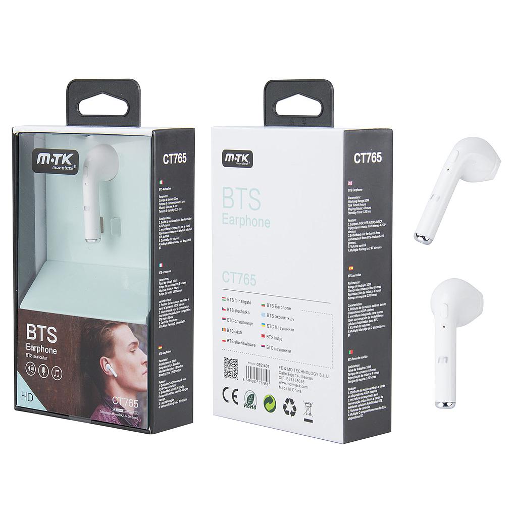 Pinganillo auricular Single Bluetooth Pebble Voz HD Blanco CT765 