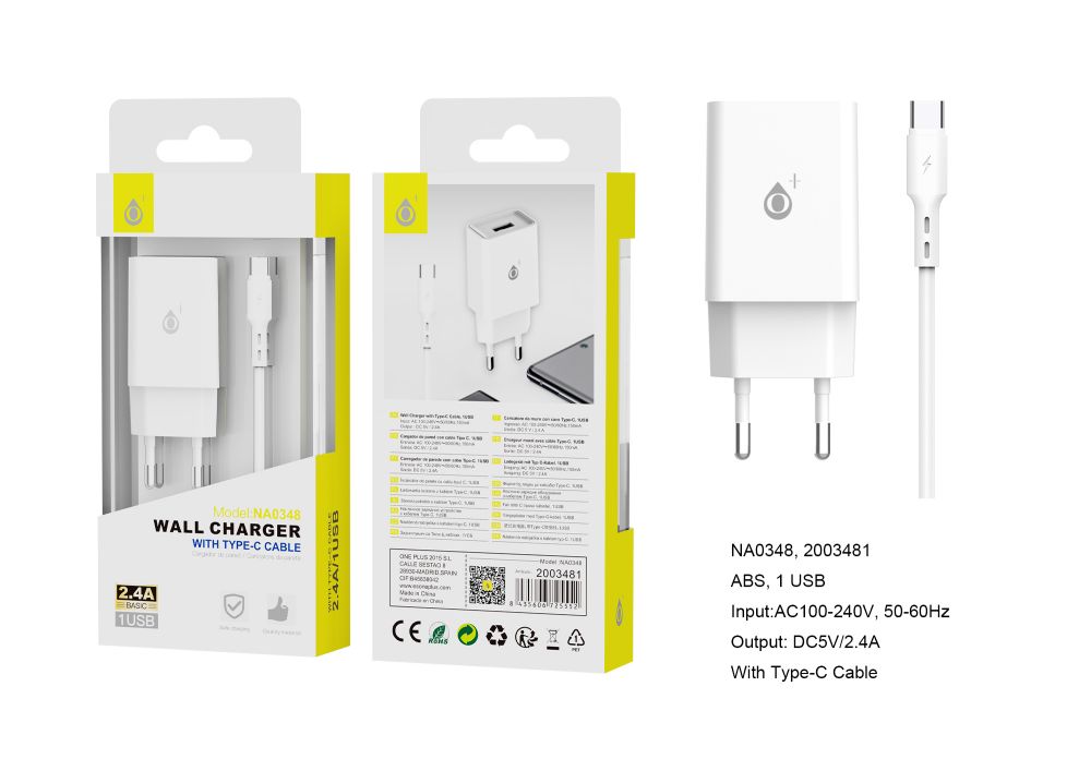 Cargador de Red completo S.Basic Clover 1 USB con cable Tipo C 2.4A Blanco NA0348