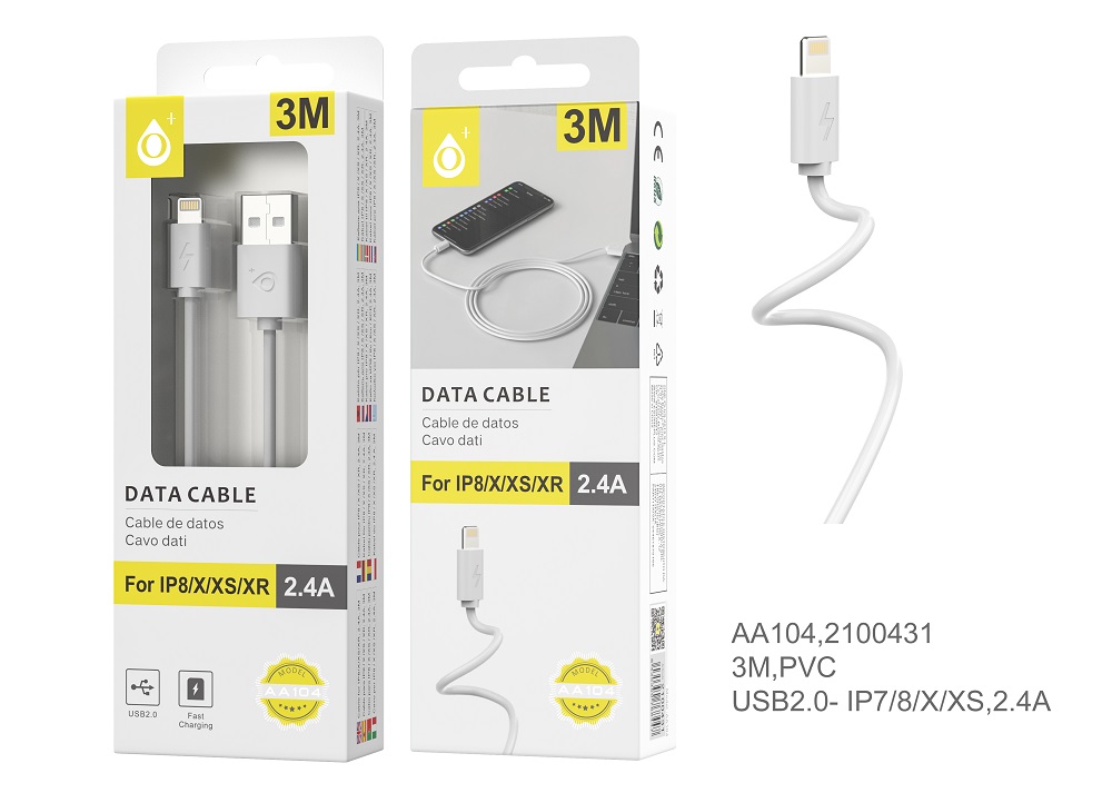 Cable de Carga y Datos para Iphone 5/6/7/8/X/11/12 2A 3M Blanco AA104