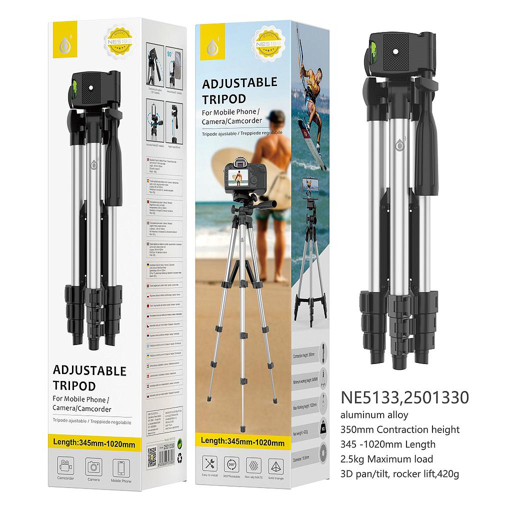 Tripode Aluminio para Moviles, Camaras y Videocamaras, 360 grados Extensible (34.5cm - 120cm) NE5133 
