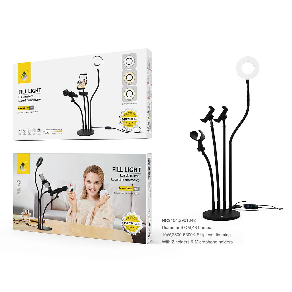 Soporte de mesa Anillo de luz LED 9CM con 2 Soportes de Manguera de Brazo Flexible para Moviles y 1 Para Microfono