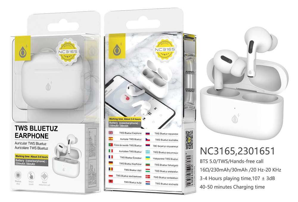 Auriculares Bluetooth TWS BTS 5.0 (30mAh*2) Control tactil ,Estuche Cargable 230mAh Blanco NC3165