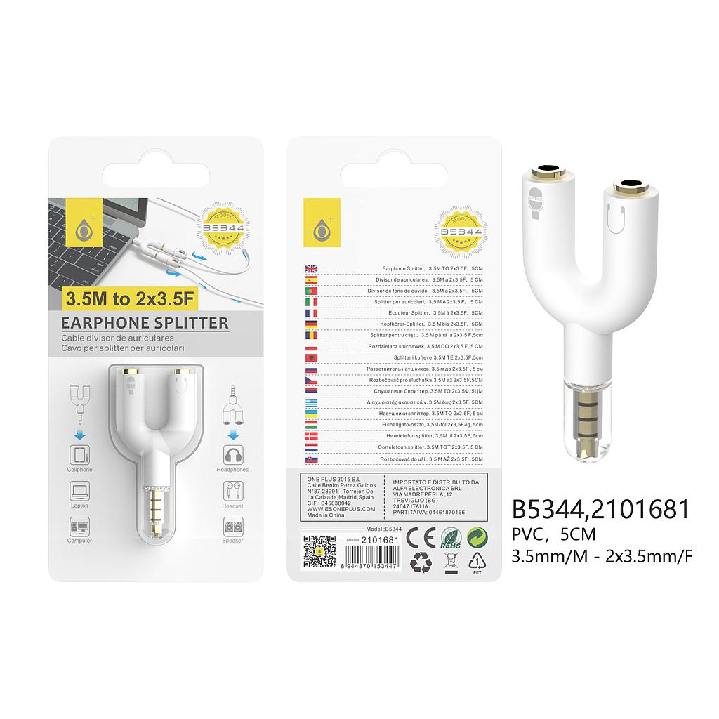 Adaptador Audio 1 jack 3.5mm a 2 jack hembra(microfono+auricular) Blanco B5344 