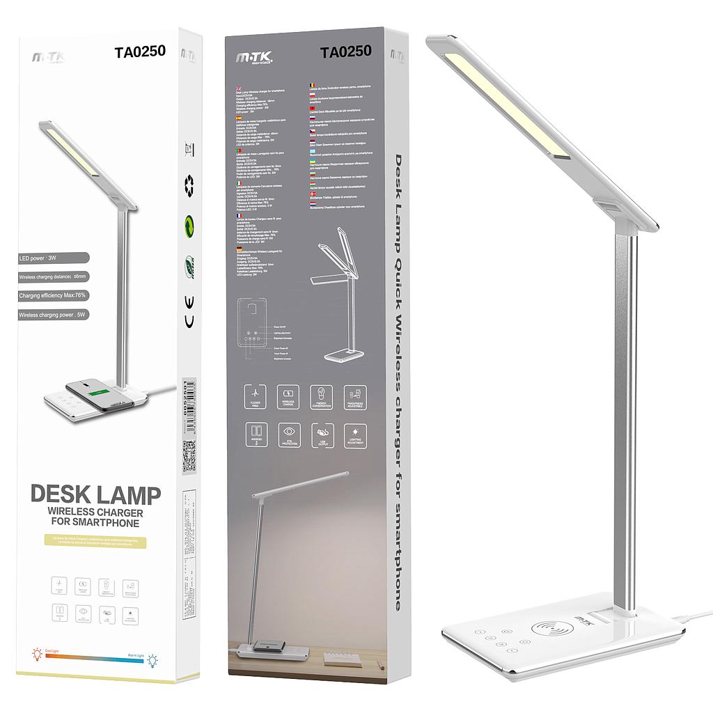 Lampara metal de mesa LED 3W con Cargador Inalámbrico para móviles 5W y 1USB y Brillo de Luz ajustable TA0250
