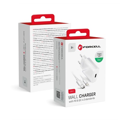 Cargador completo Forcell con conectores USB Tipo C y cable lightning 3A 20W con funcción de carga PD y QC 4.0