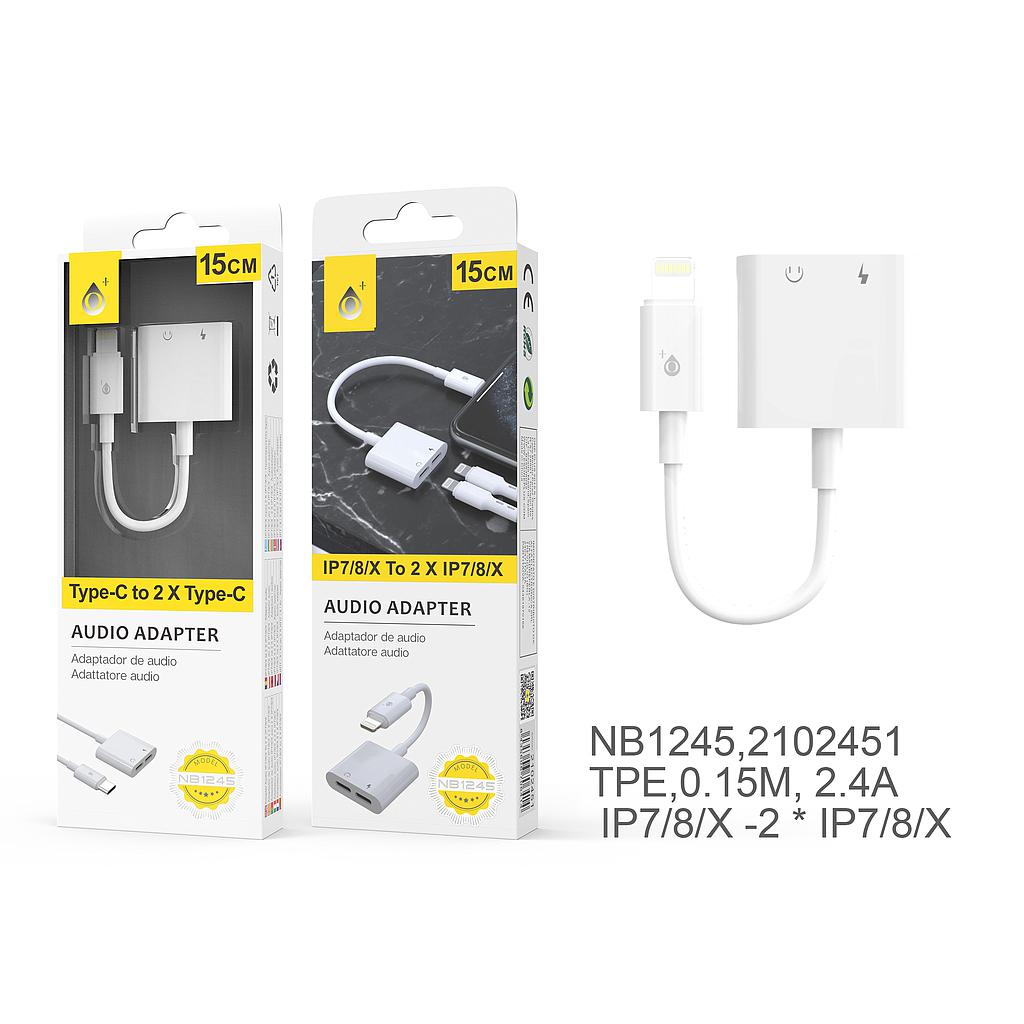 Cable Adaptador 2 en 1 IPhone Lightning a Carga Iphone + Audio Iphone 0,15M