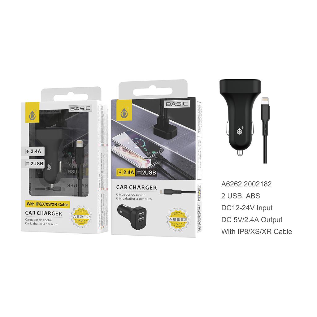 Cargador de coche Mechero S.Basic Epime con cable IPhone lightning 2USB 2.4A Negro A6262 