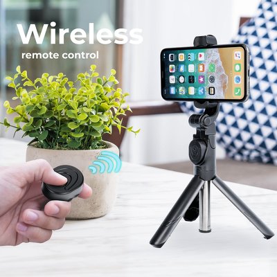 Palo Selfie con mando a distancia bluetooth trípode NEGRO SSTR-12