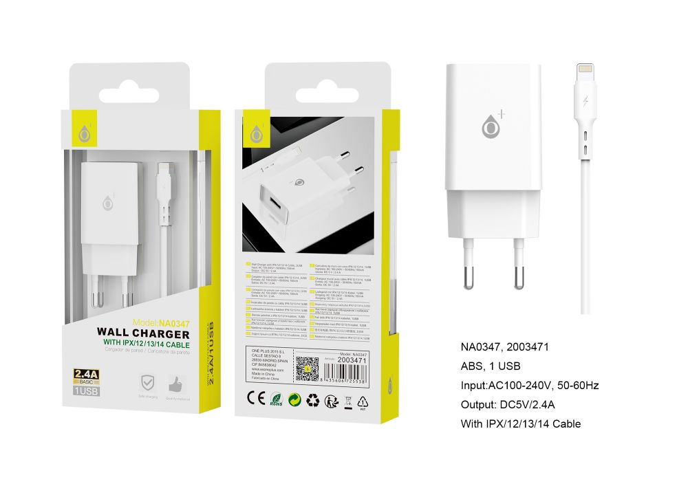 Cargador de red completo Apple para iPad y iPhone salida Lightning 2.4A NA0347 