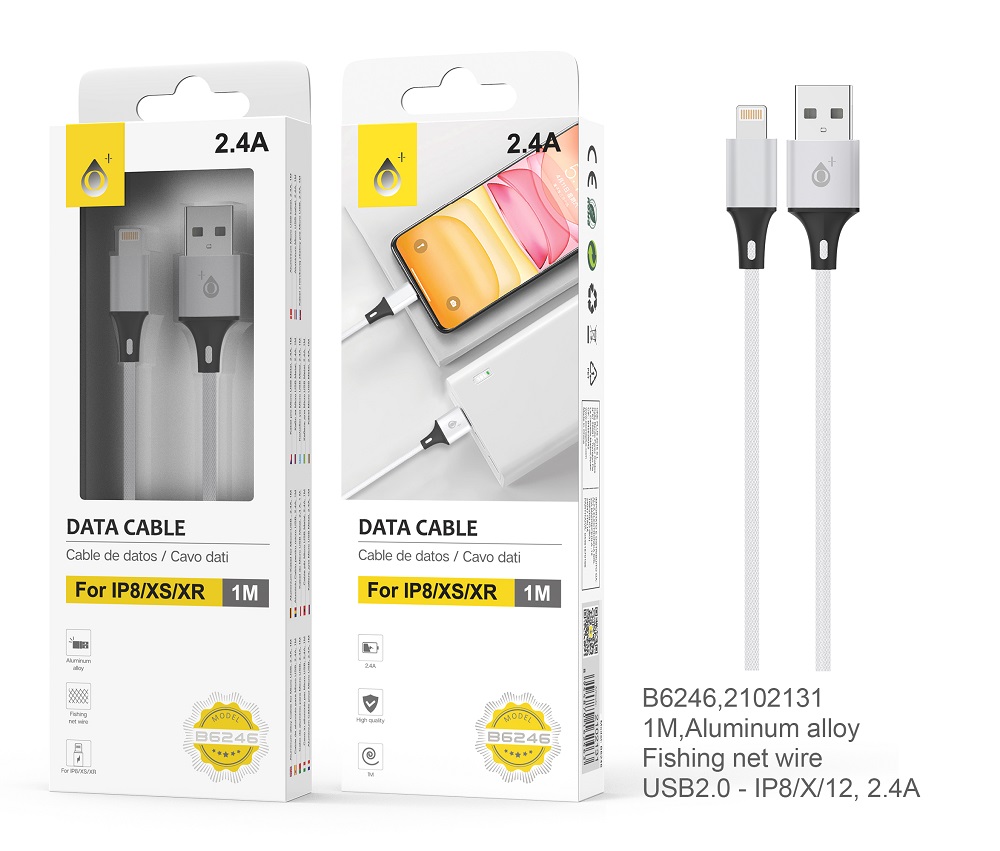 Cable de carga y datos iPhone 5 6 7 8 X 11 12 13 Aluminio Kratos 1M 2.4A