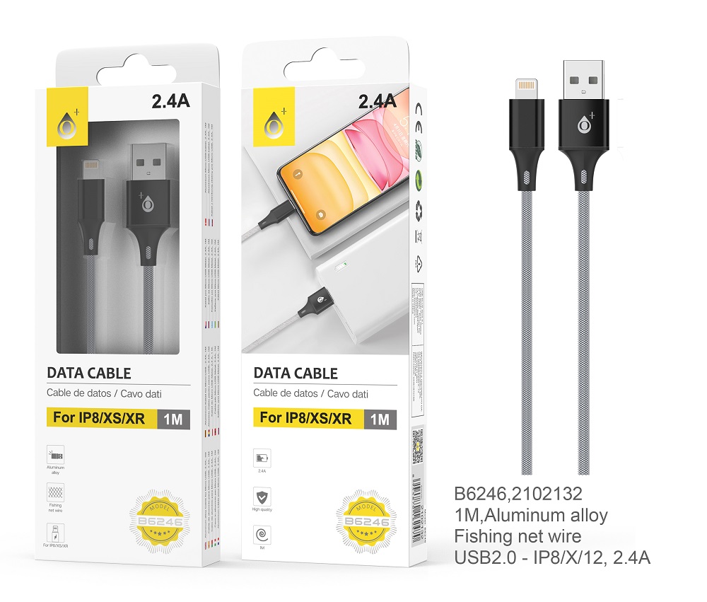 Cable de carga y datos iPhone 5 6 7 8 X 11 12 13 Aluminio Kratos Negro 1M 2.4A