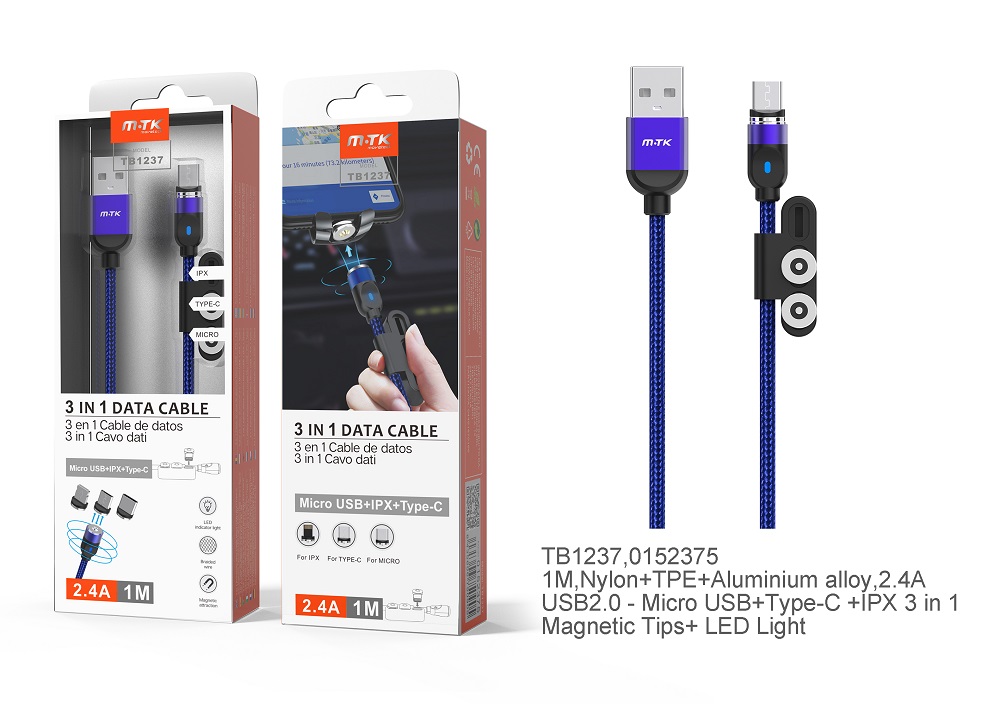 Cable de carga magnetico 3 en 1 ( Micro + iPhone Lightning + Tipo C) Azul TB1237 