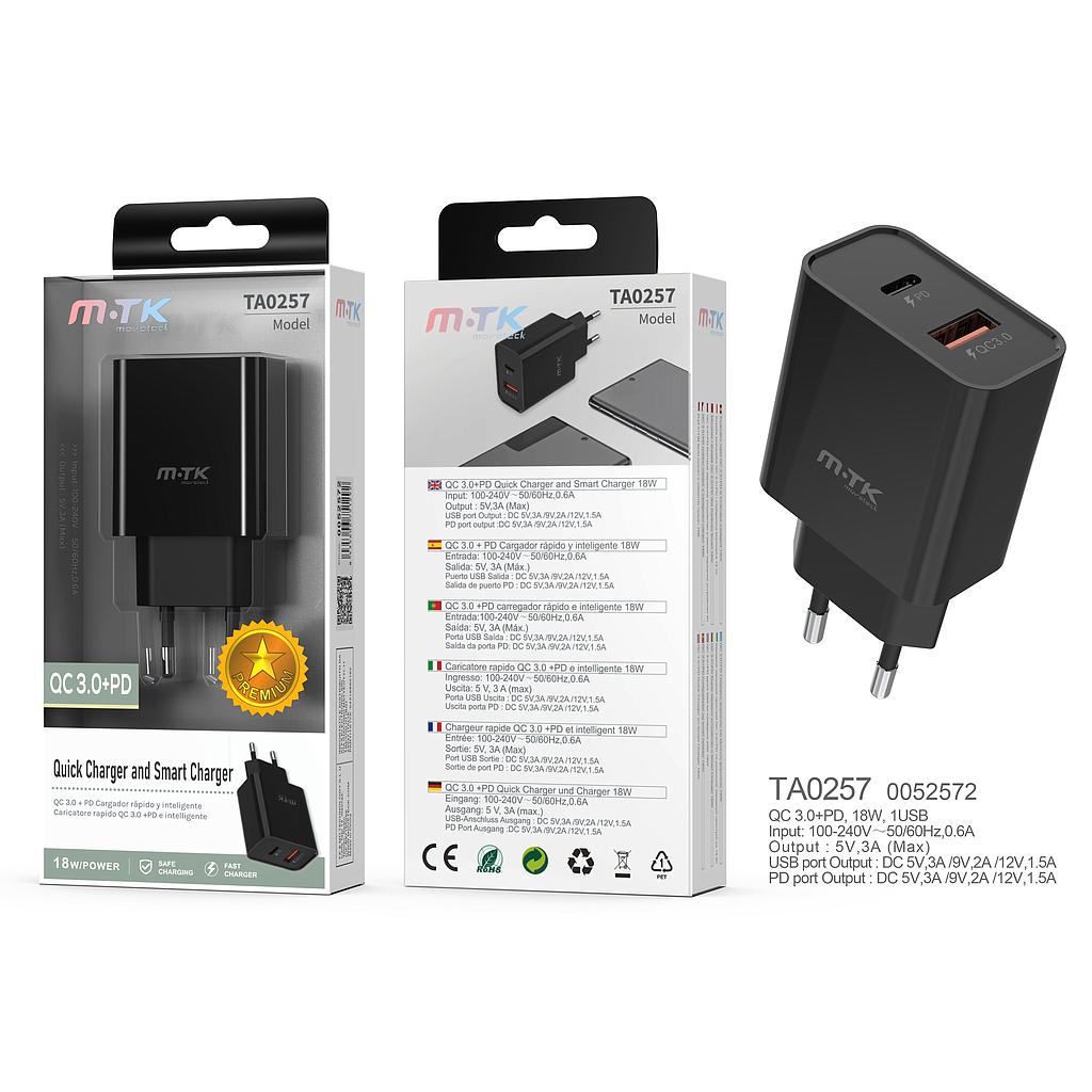 Cargador de Red Rapida Alta Calidad Eliria sin cable , 1 USB PD Carga UltraRapida Y 1USB QC3,0, 18W Max Negro TA0257