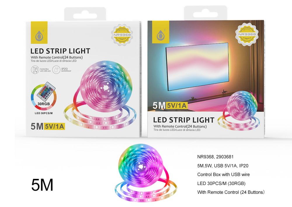Tira de Luces LED Regulable IP44 con control remoto 24 Color 5V 1A 5M NR9368