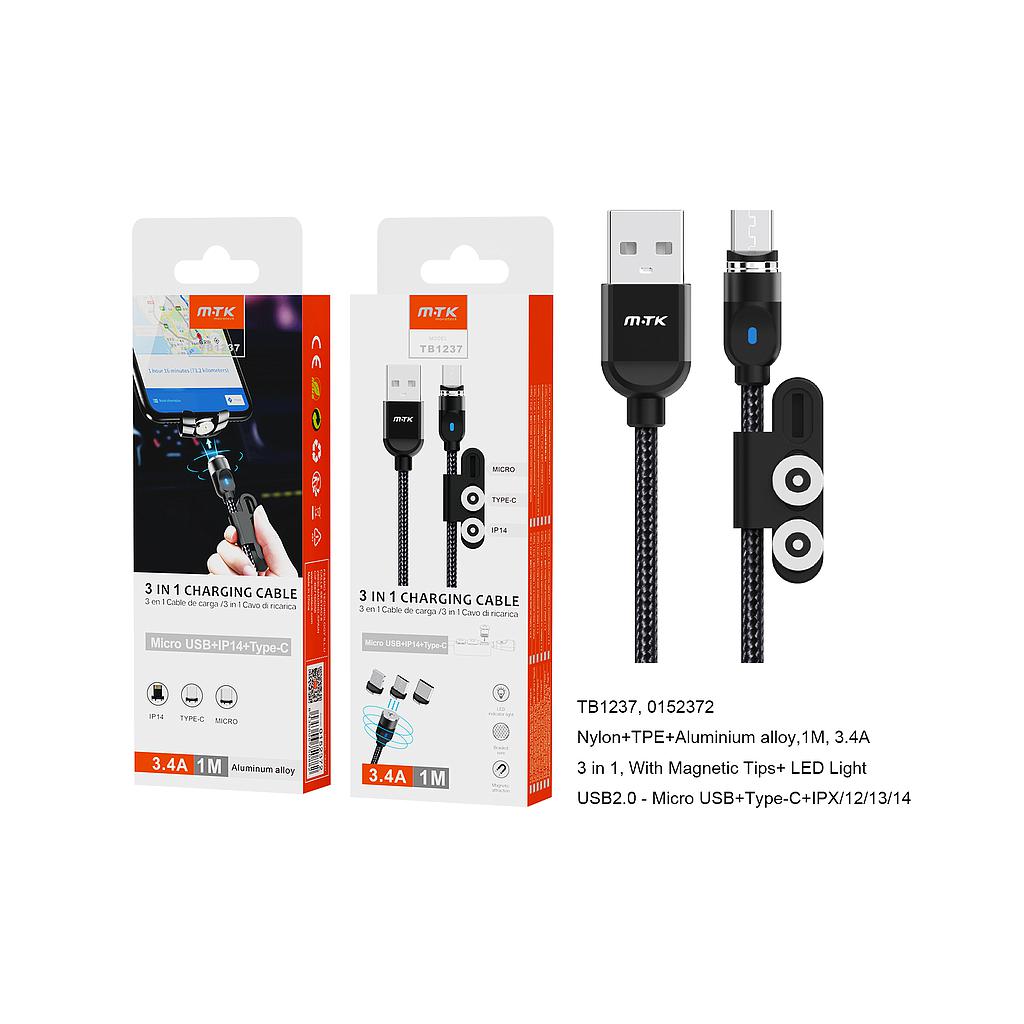 Cable de carga magnetico 3 en 1 ( Micro + iPhone Lightning + Tipo C) Negro TB1237