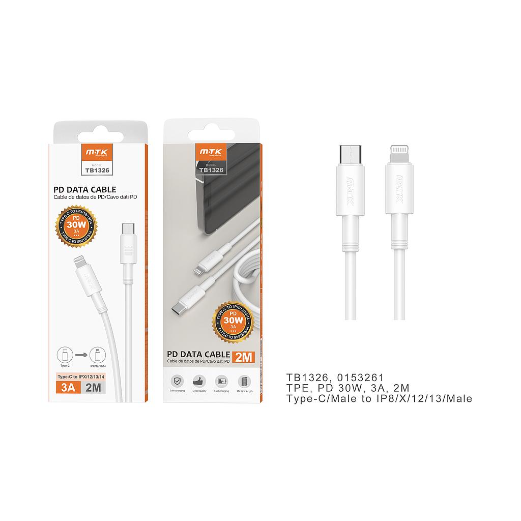 Cable de datos Carga Super Rapido PD 30W/3A Type C a Apple iPhone Lightning 2M TB1326