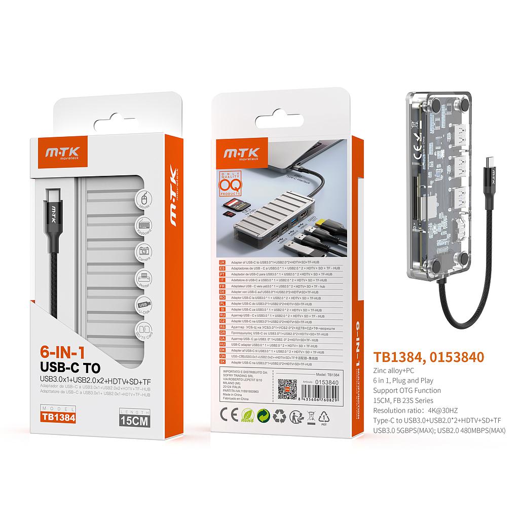 Lector Tipo C Hub 4 en 1, 2 USB2.0 + 1 USB3.0+HDTV+SD+TF, Compatible con OTG/4K, 15CM TB1384 