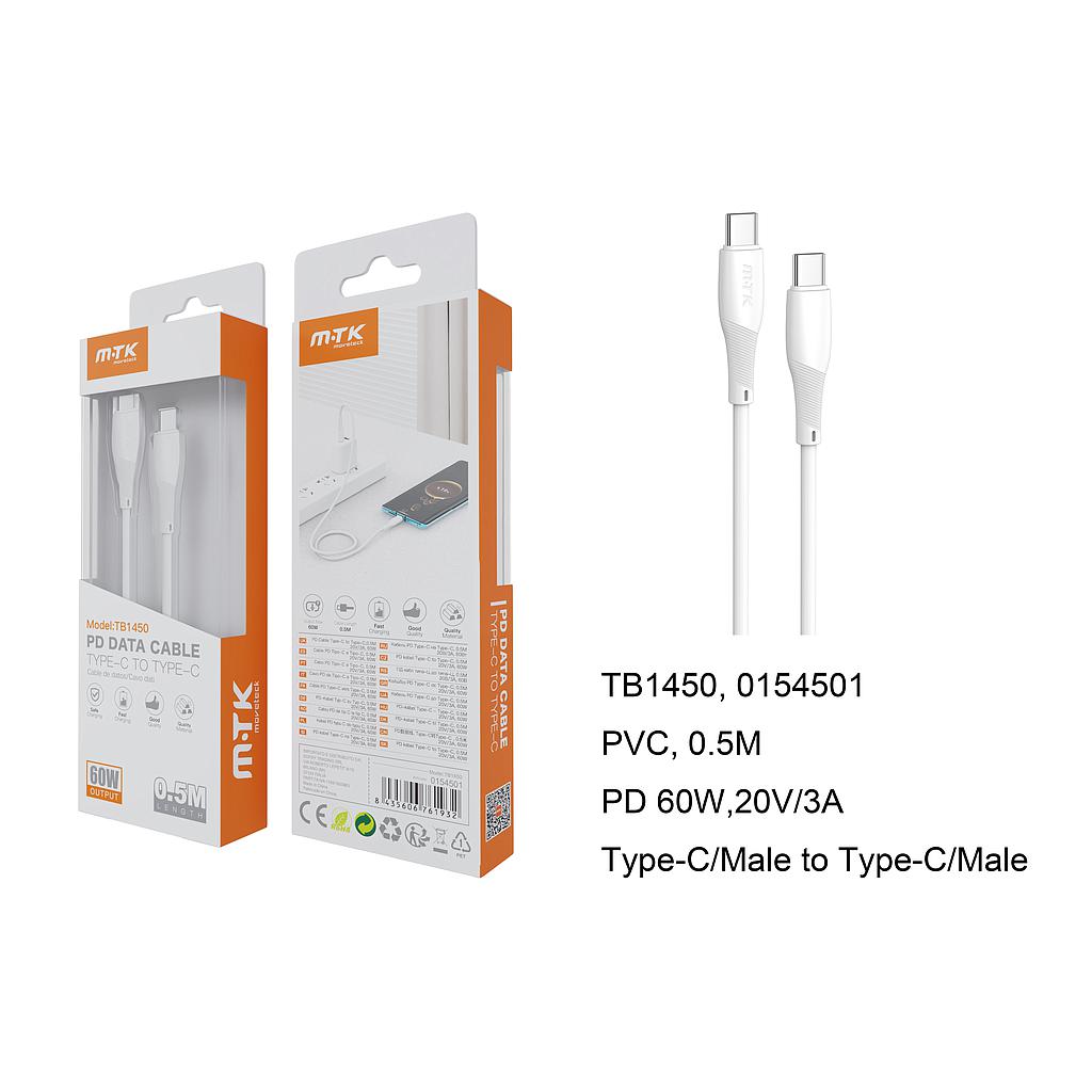 Cable de Carga Datos Walsh PD Tipo C a Tipo C 60W/20V/3A Cable 0.5m BlancoTB1450 