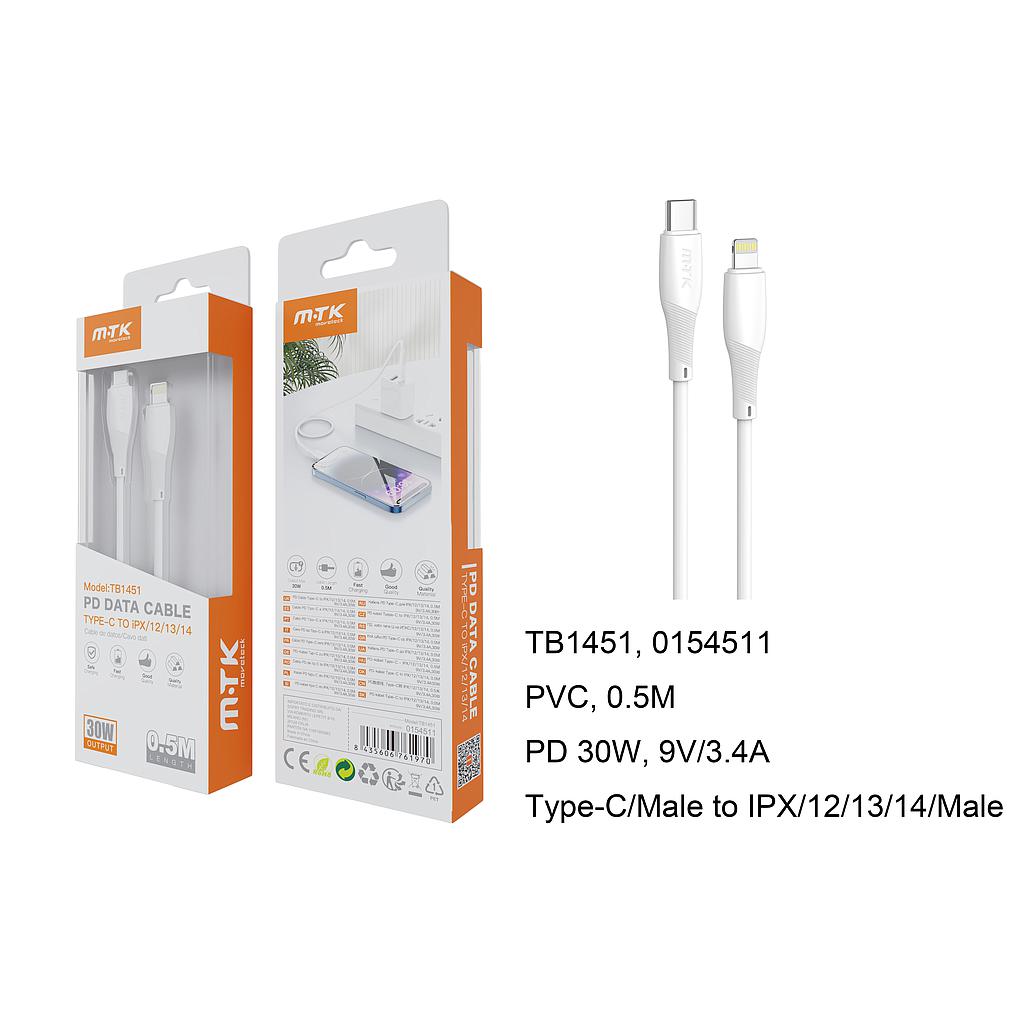 Cable de Datos Walsh PD Tipo C a Lightning 30W/9V/3.4A Cable 0.5m BlancoTB1451 