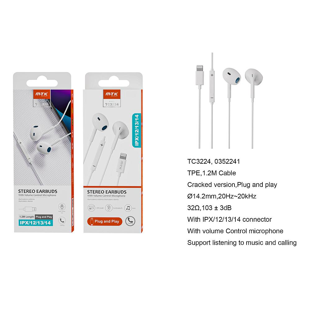 Auriculares TC3224 con microfono cable lightning iPhone Cable 1,2M