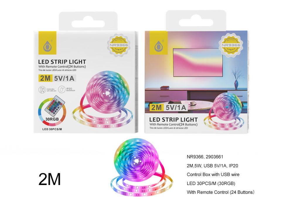 Tira de Luces LED Regulable IP44 con control remoto 24 Color 5V 1A 2M NR9366