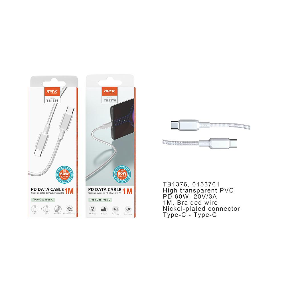 Cable carga datos PVC trenzado Tipo C a Tipo C Carga Rapida PD 60W/20V/3A 1M TB1376 
