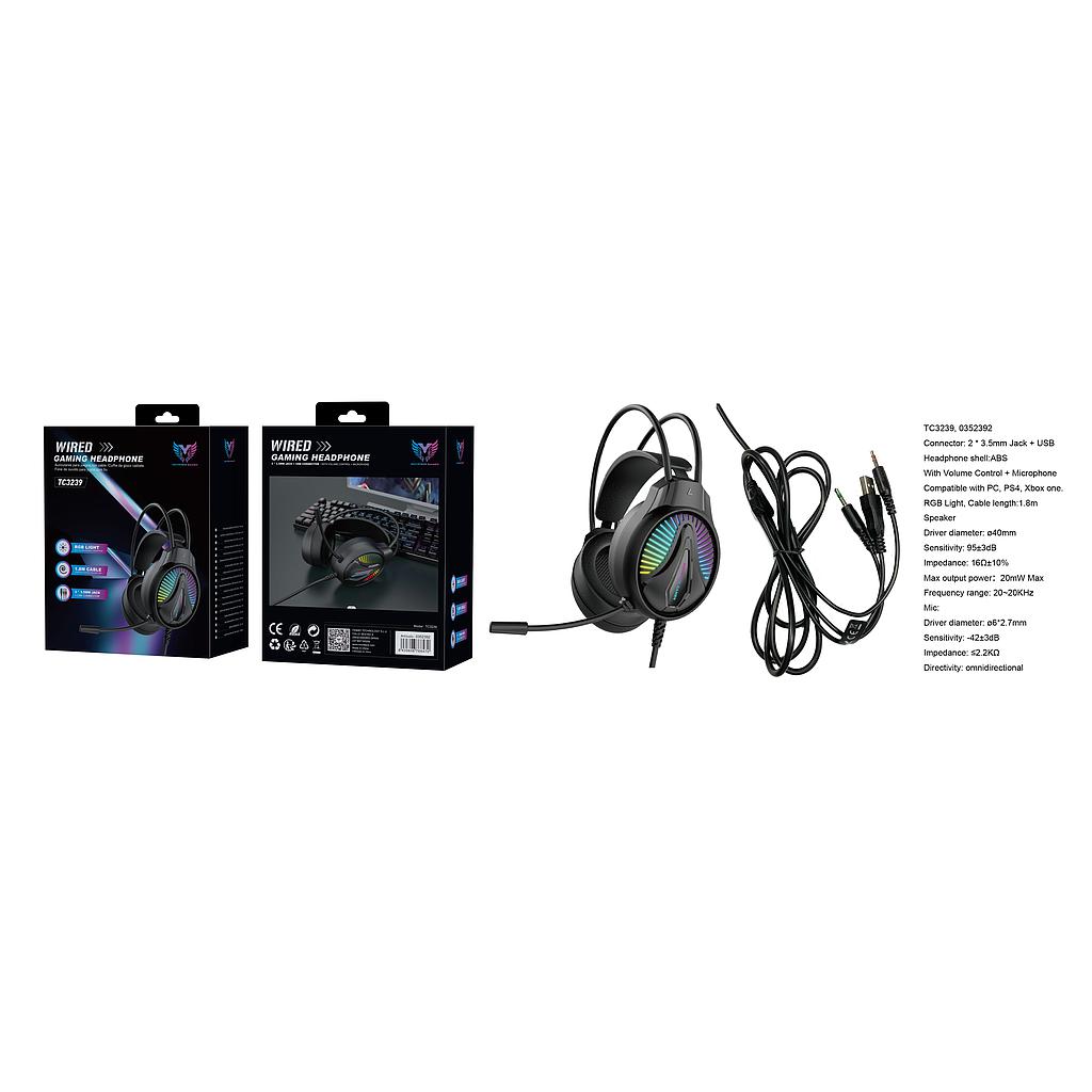 Auriculares Casco Gaming con microfono y boton control de volumen luz RGB Cable 1.8M para PC/PS4/Xbox one 3.5mm Jack*2+USB TC3239