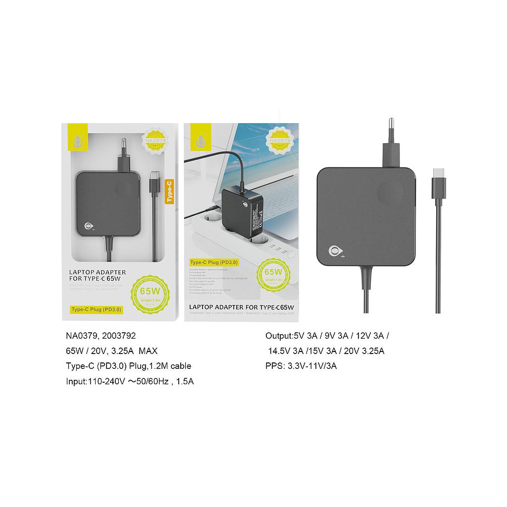Cargador Universal Automatico con conector Tipo C para Portatiles y Moviles PD Carga Rapida 65W/20V/3.25A