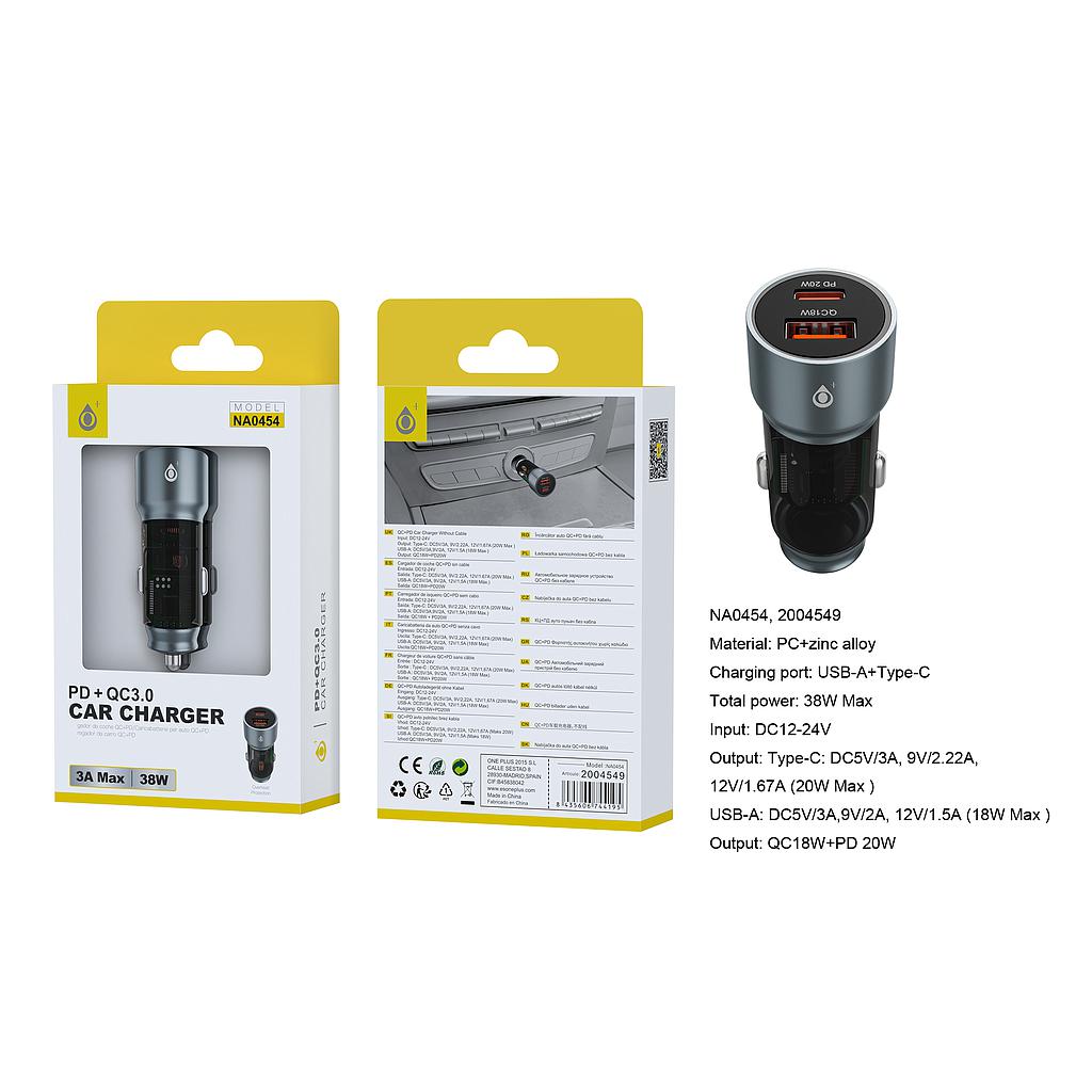 Cargador de Mechero con carga rapida USB-C(20W)+USB-A QC 3.0(18W) 38W/3A Max Gris