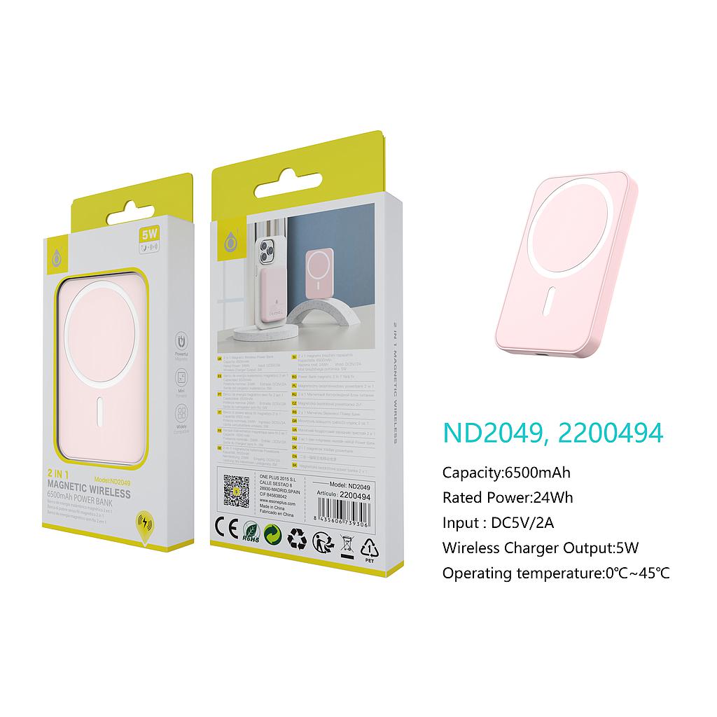 Bateria externa PowerBank Magnetica 6500mAh/24Wh con Carga Inalambrica 5W Entrada Lightning Rosa ND2049