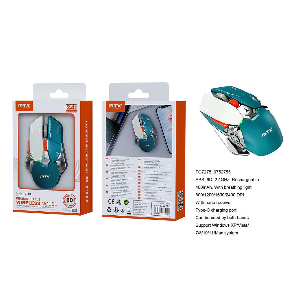 Raton Inalambrico gaming 2.4G semi mecanico DPI 800/1200/1600/2400 batería 400mAh TG7275 