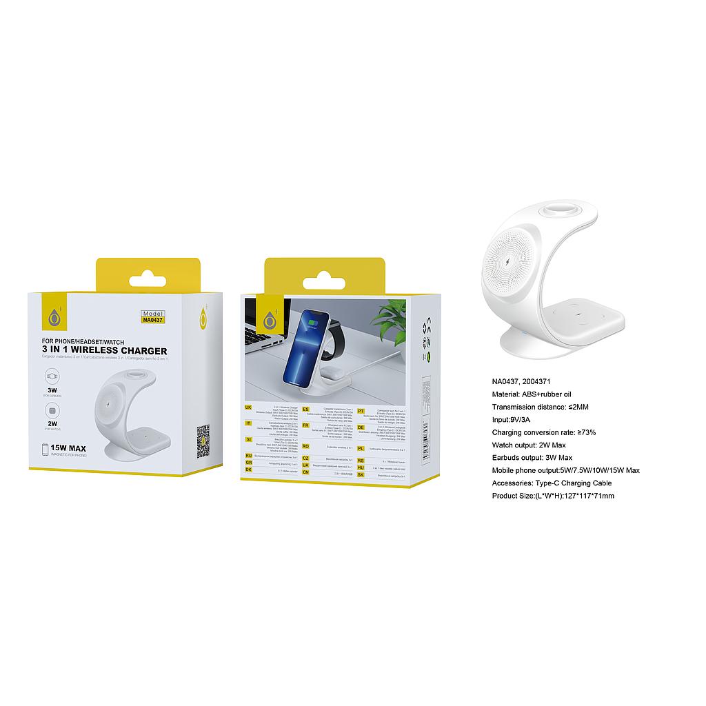 Cargador Inalambrico 3 en 1 Movil 15W/AirPods 3W/Iwatch 2W con cable Tipo C 9V/3A Blanco NA0437 