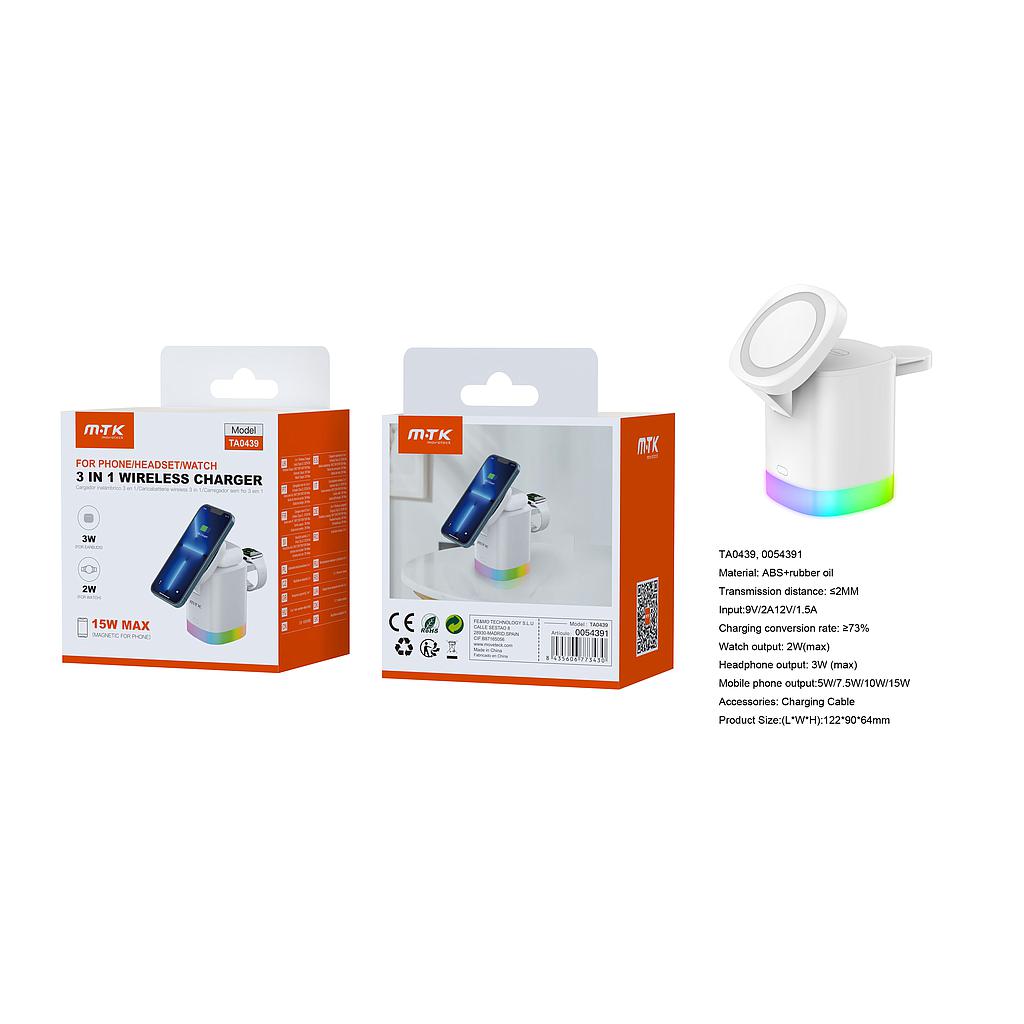 Cargador Inalambrico 3 en 1 Movil 15W/AirPods 3W/Iwatch 2W con cable tipo C 9V/2A TA0439 