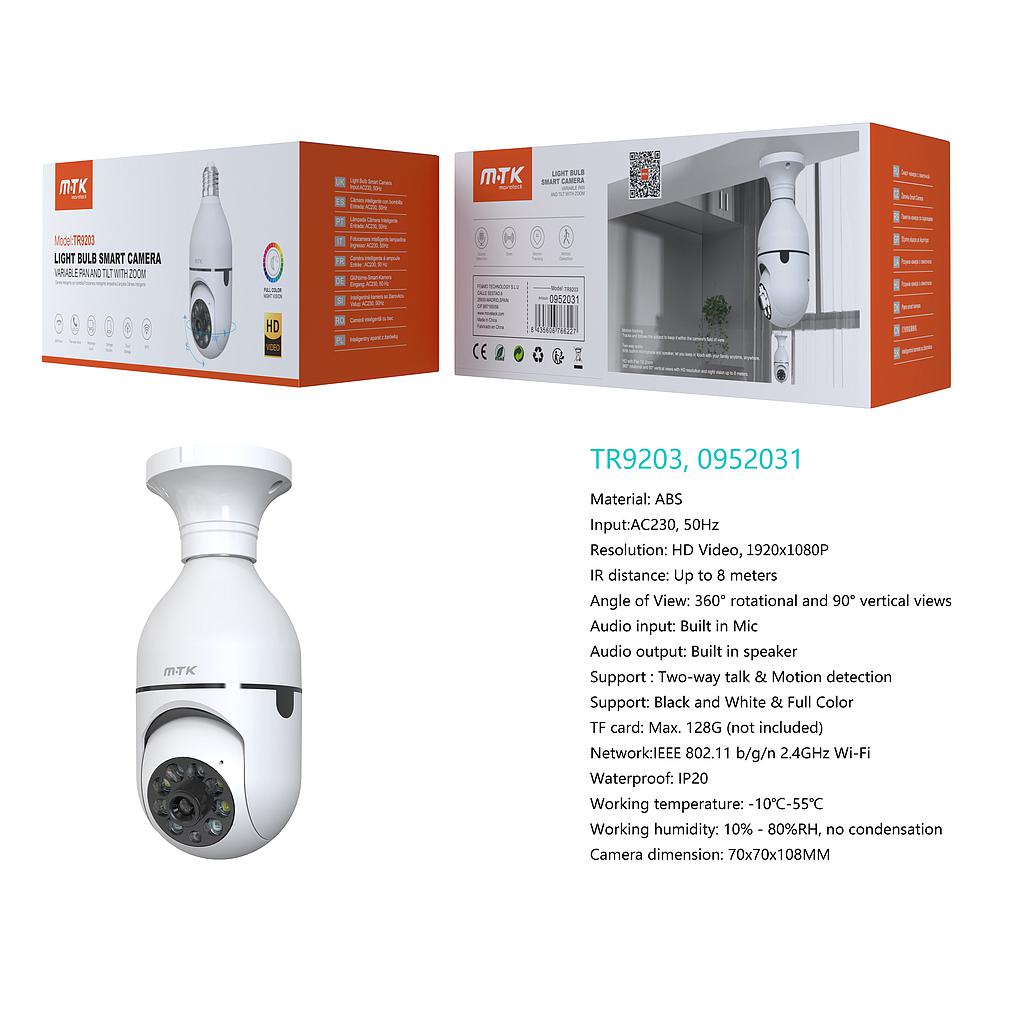 Camara Vigilancia PTZ con conector de bombilla Movimiento 360 Deteccion de movimiento TR9203 