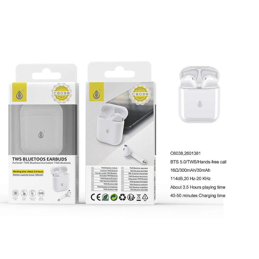 Auriculares Bluetooth TWS BTS 5.0 (40mAh*2) Control tactil ,Estuche Cargable 300mAh Blanco C6038 