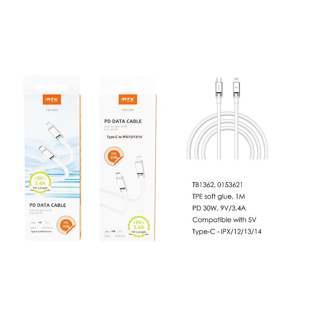 Cable carga datos Tipo C a Lightning iPhone Carga Rapida PD 30W/9V/3.4A 1M TB1362