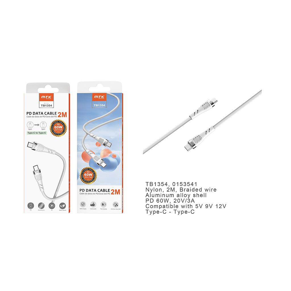 Cable carga datos Camyl nylon trenzado Tipo C a Tipo C Carga Rapida PD 60W/20V/3A 2M TB1354